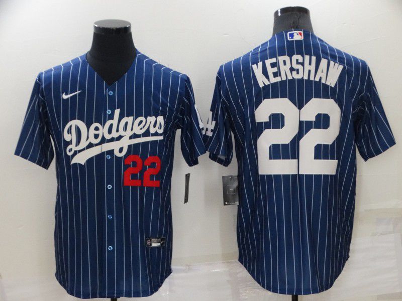 Men Los Angeles Dodgers 22 Kershaw Blue Stripe Throwback Nike 2022 MLB Jerseys